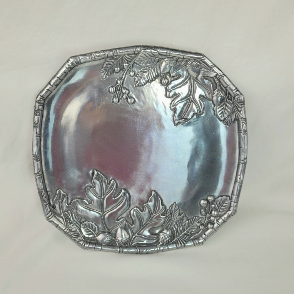 Arthur Court Harvest Round Tray Aluminum Oak Leaf Acorn Platter